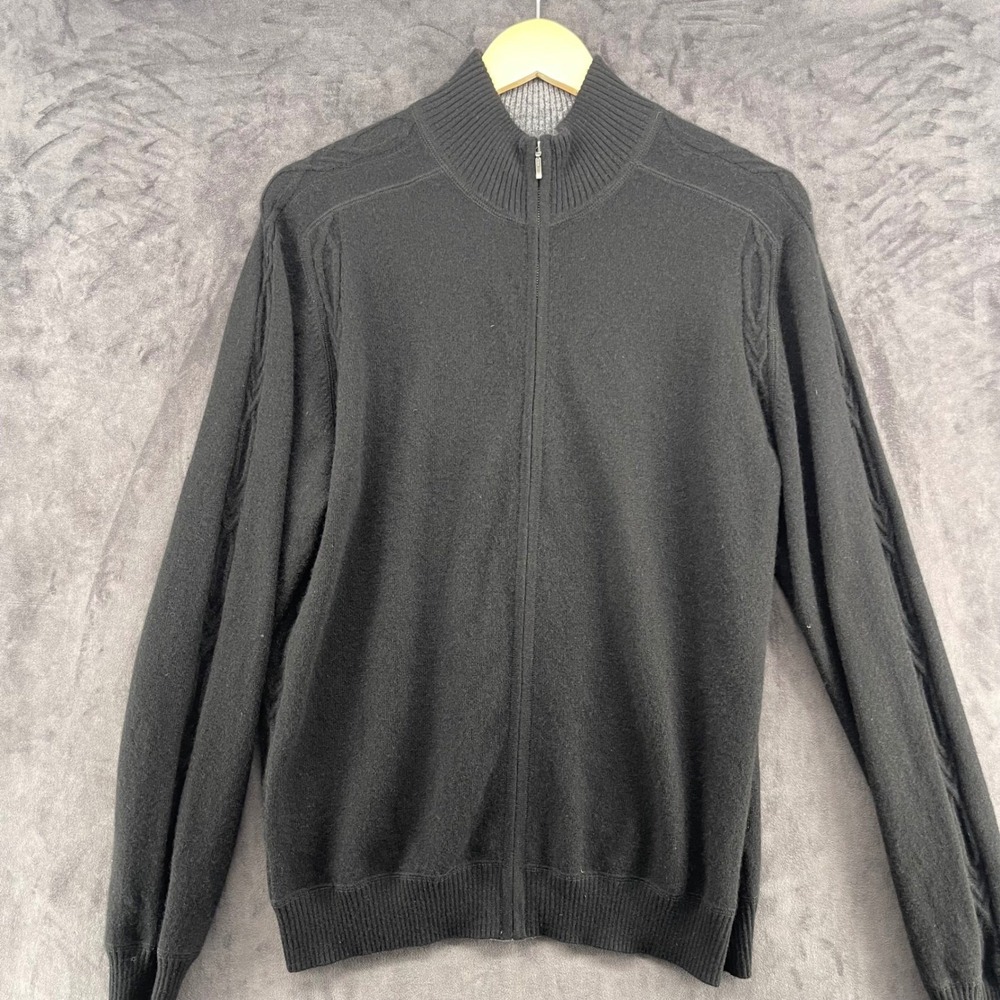 Glen Lyon 100% Cashmere Full Zip Sweater Mens Medium Black Cable Knit Mock Neck